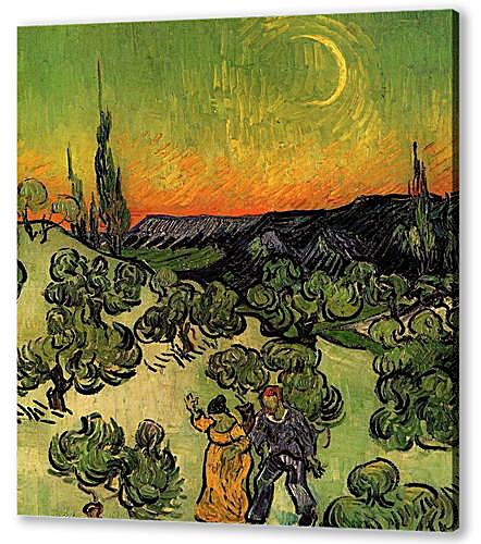 Картина маслом - Landscape with Couple Walking and Crescent Moon
