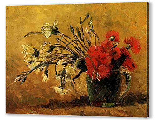 Vase with Red and White Carnations on Yellow Background
