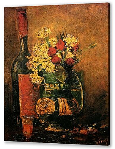 Vase with Carnations and Roses and a Bottle
