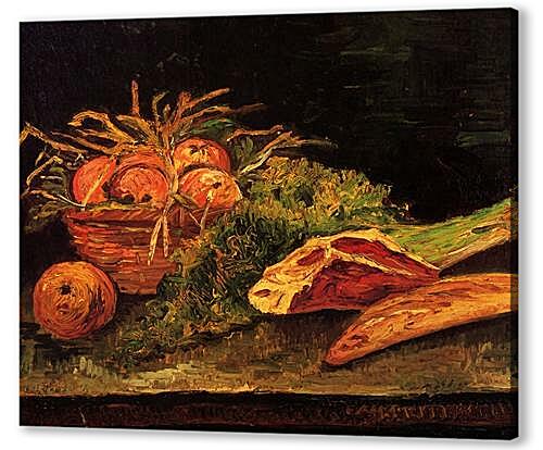 Картина маслом - Still Life with Apples, Meat and a Roll
