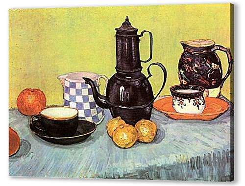 Still Life Blue Enamel Coffeepot, Earthenware and Fruit
