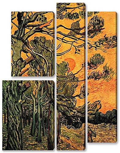 Модульная картина - Pine Trees against a Red Sky with Setting Sun
