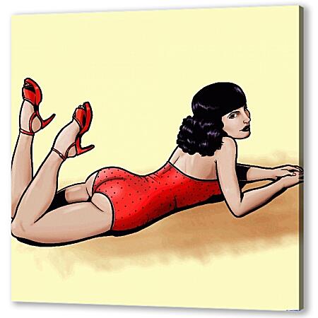 Постер (плакат) - Девушка в красном кпальнике ( стриль пин ап )