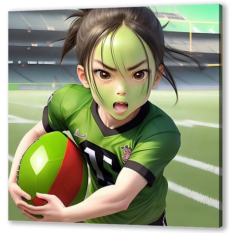 Постер (плакат) Девочка с зеленым лицом играет в футбол артикул 08581