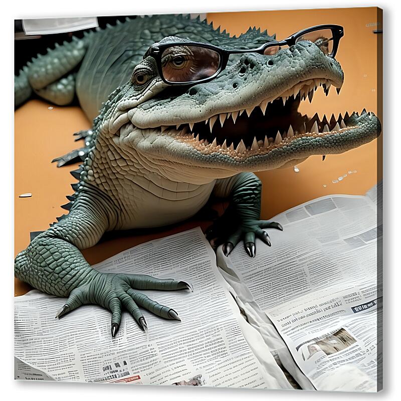 Постер (плакат) Крокодил в очках читает газету артикул 08582
