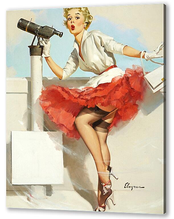 Постер (плакат) Блондинка в красной юбке и телескоп. Пин ап артикул 19846
