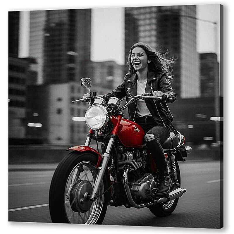 Постер Девушка на мотоцикле, чб постер с красными деталями артикул 21-2-H