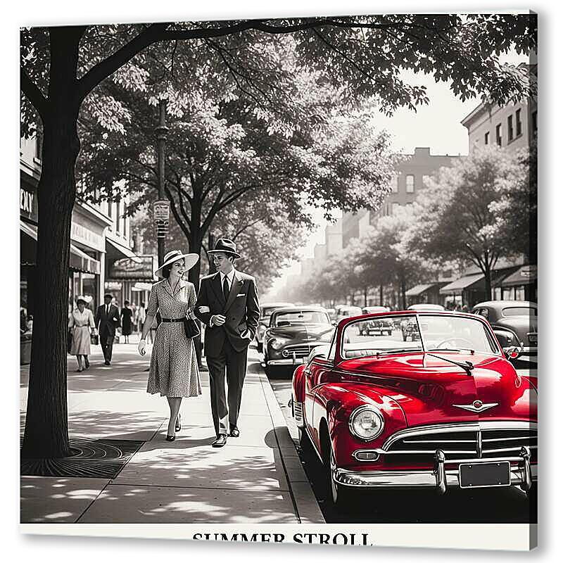 Постер Красный ретро автомобиль, чб постер артикул 21-28-H