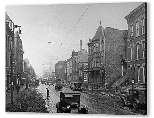 Постер Gangsters hideout across from slaying scene in Chicago, Illinois. This is a view of the 2100 block of North Clark Street, Chicago. The building on th - Чикаго, штат Иллинойс
 артикул 33042