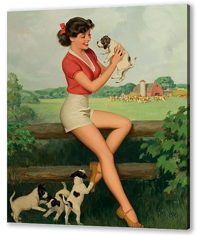 Постер (плакат) Девушка с щенками (стиль пин ап) артикул 7588