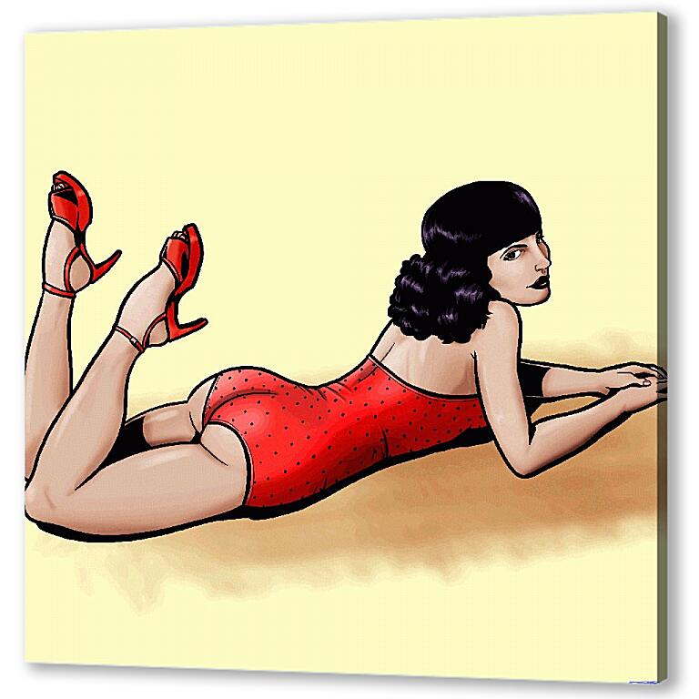 Постер (плакат) Девушка в красном кпальнике ( стриль пин ап ) артикул 7607