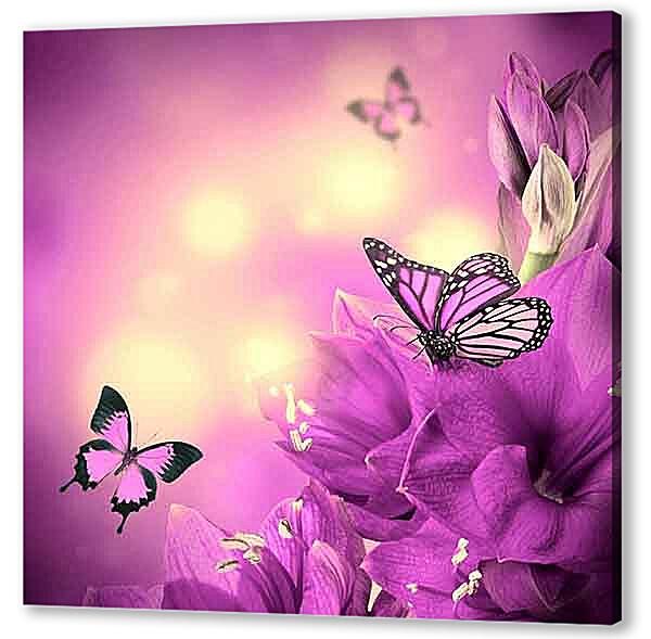 Постер (плакат) - Бабочки и сиреневые цветы 
