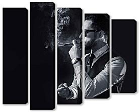 Модульная картина - Курящий сигару мужчина в черно-белой палитре