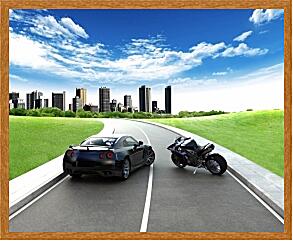 Картина - Машина и мотоцикл на дороге