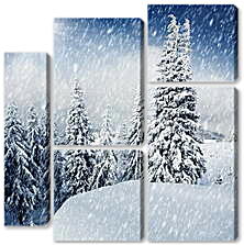 Модульная картина - Снегопад и домик в дали
