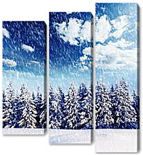 Модульная картина - Ряд снежных елей и снегопад
