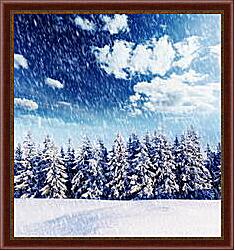 Картина - Ряд снежных елей и снегопад
