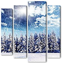 Модульная картина - Ряд снежных елей снегопад и яркое солнце
