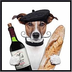 Картина - Французская собака с багетом и бутылкой вина