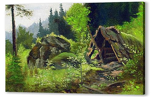 Картина маслом - Шалаш в лесу
