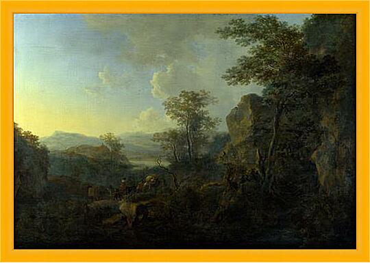 Картина - Скалистый пейзаж с крестьянами и гружёными мулами
