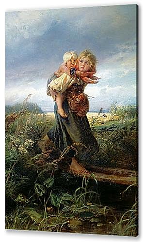 Картина маслом - Дети, бегущие от грозы
