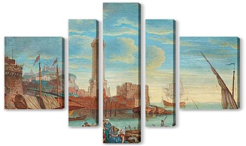 Модульная картина - Sydlandsk hamnbild med figurer och batar.

