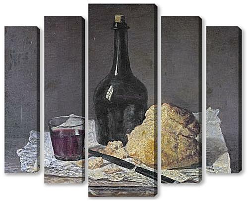 Модульная картина - Натюрморт со стеклянной бутылкой и хлебом
