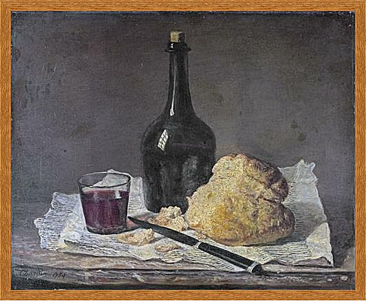 Картина - Натюрморт со стеклянной бутылкой и хлебом

