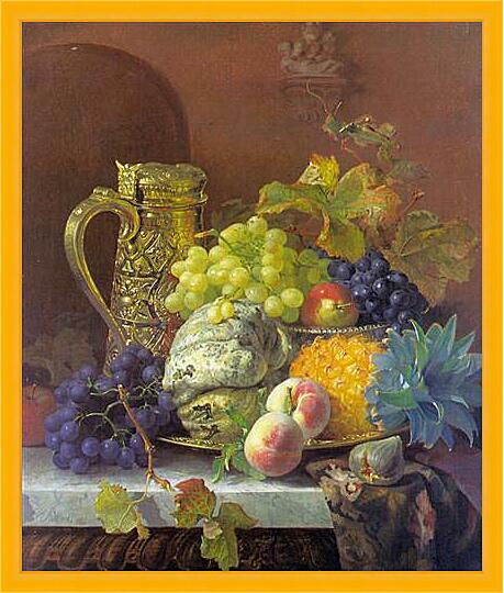 Картина - Fruits on a tray with a silver flagon on a marble ledge
