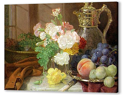 Постер (плакат) - Carnations in a glass vase on a draped marble ledge
