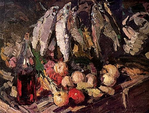 Картина - Рыбы, вино и фрукты
