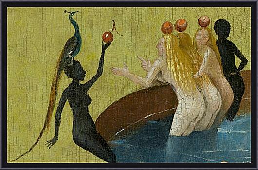 Картина - The Garden of Earthly Delights, center panel (Detail women with peacock)