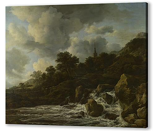 Постер (плакат) - A Waterfall at the Foot of a Hill, near a Village
