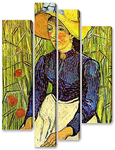 Модульная картина - Young Peasant Woman with Straw Hat Sitting in the Wheat
