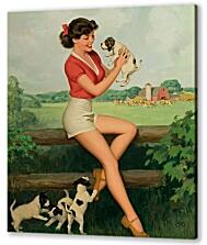 Постер (плакат) - Девушка с щенками (стиль пин ап)