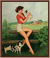 Картина - Девушка с щенками (стиль пин ап)