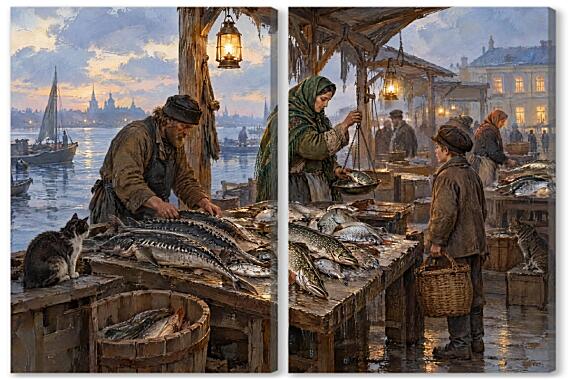 Модульная картина - Сумерки на рыбном ряду