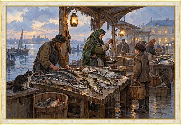 Картина - Сумерки на рыбном ряду